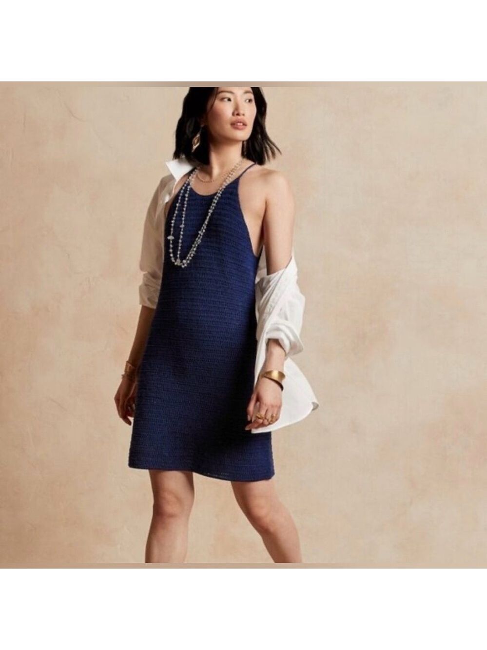 Banana Republic Crochet BoHo Summer Mini Dress NWT Small Spring Navy Old Money